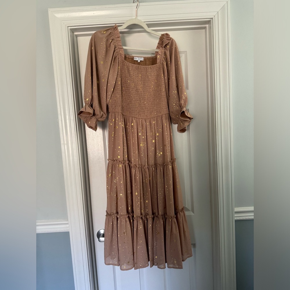 Ivy City Co. Midi Dress in Brown with Gold Accents